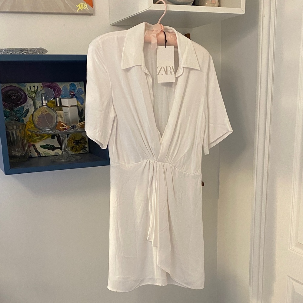 Zara White V-Neck Mini Dress